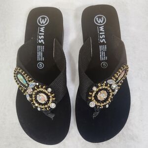 Black Embellished Sandals with Ornate Designs Size 8
